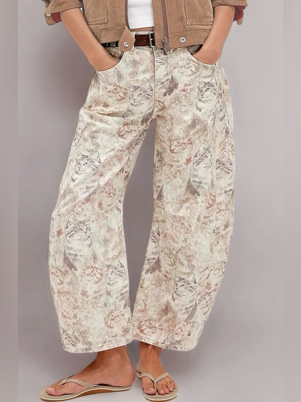 Wide-Leg Cat Print Linen Pants in Cream